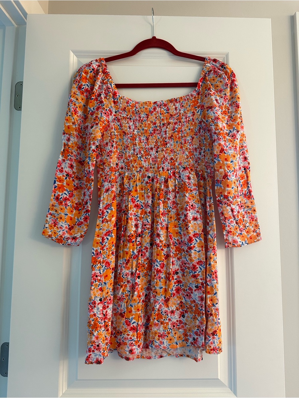 Old Navy Orange Floral Long-Sleeve Square-Neck Mini Dress - Picture 2 of 3